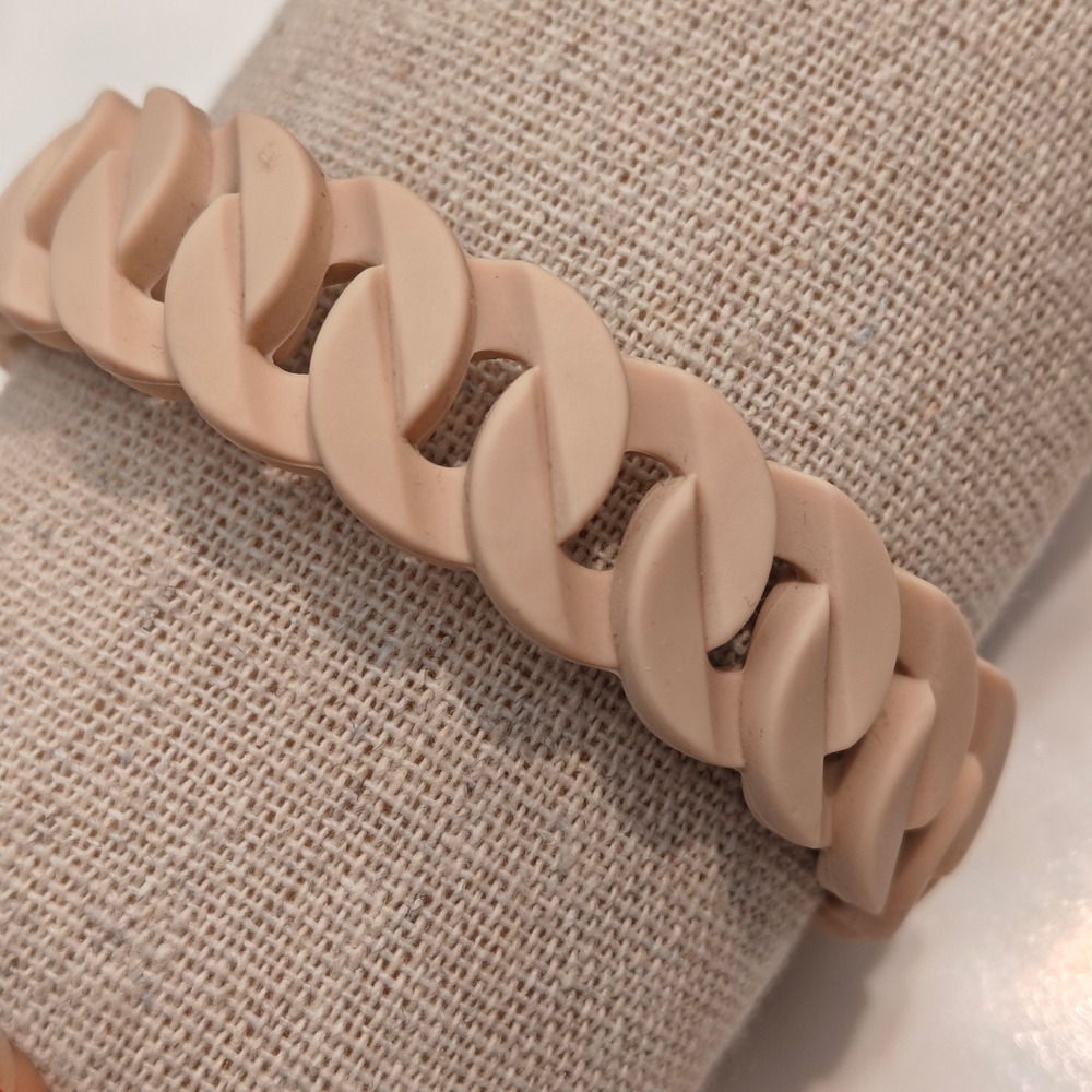 Beige Silicone Curb Chain Link Stretch Bracelet Matte Rubber Sporty Jewelry